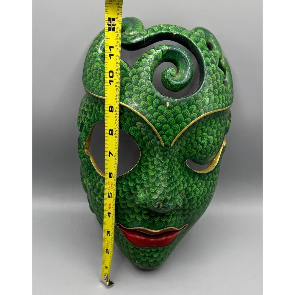 Balinese Batik Wood Mask Green Scale Hand Painted Bali Indonesia Folk Art 11.5in